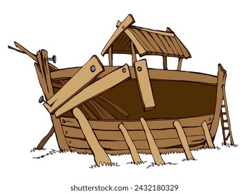 Wood big line arc build home ruin Ararat's land earth white sky text space. Vintage line art doodle comic style black hand drawn genesis holy Lord hope gospel built project picture icon design concept