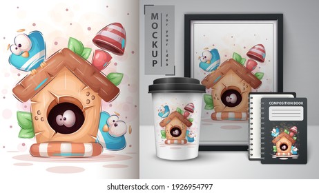 Wood birdhouse - poster and merchandising. Vector eps 10