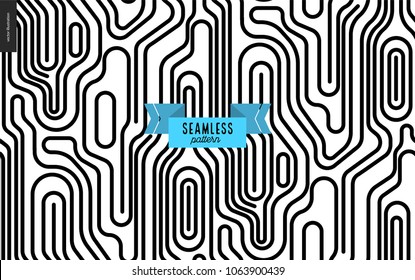 Wood black and white pattern, vector seamless pattern, abstract background with wooden annual rings texture, hipster graphic design, endless vector backgrounds of simple tree textures with stripes