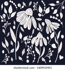 Wood Block Print Floral Monochrome Vector Textured Elements