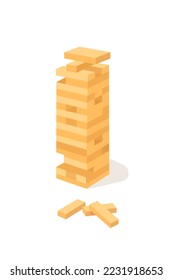 Wood block tower game vector illustration. Cartoon isolated wooden bricks build and create puzzle construction with fall risk of cubes, tower structure of logic game with danger of falling