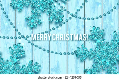 Wood blue Christmas background with shining blue snowflakes and garlands. Vector illustration.