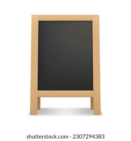 Wood board 3d vector mockup, isolated chalkboard featuring blank blackboard display in wooden frame for showcasing menu items or promotional content for coffee shops or street cafes
