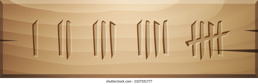 Wood board with several Tally scratch marks carved over wooden background. Vector hash marks icons of jail or desert island lost day tally numbers counting in slash lines