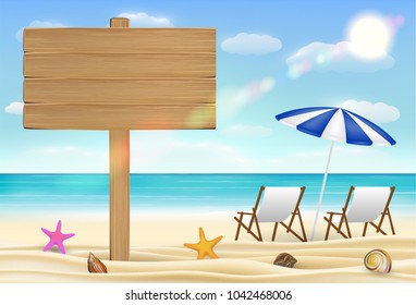 wood board sign on sea sand beach with relax chair