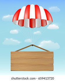 wood board sign with parachute on sky background