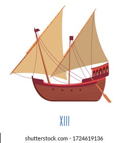 Wood boat of 13th century design, isolated ship made of wooden material with oars and sails. Old fashioned sample of naval construction shipping and transportation across sea and oceans, vector