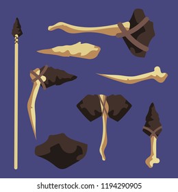 Wood, bone, stone ancient tools of set isolated on background vector illustration