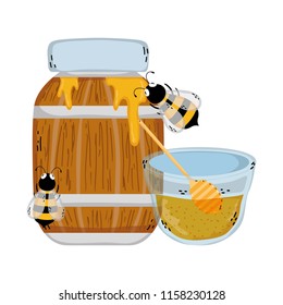 wood bottle and bowl with honey and bees