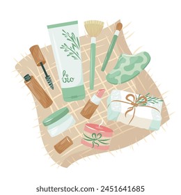 Wood bottles, paper tubes with organic cosmetics for eco friendly living. Colorful vector illustration of natural skincare products, candle, lipstick on canvas. Zero waste lifestyle concept