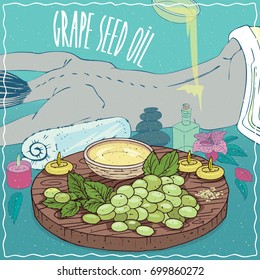 Wood Bowl of Grape seed oil and vine of Grape plant. Oil flows on the back of the lying girl. Natural vegetable oil used for body massage. Vector illustration