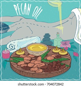 Wood Bowl of Pecan oil and Pecan nuts. Oil flows on the back of the lying girl. Natural vegetable oil used for body massage. Vector illustration