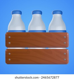 Wood box with milk bottles in 3d cartoon style. Cute realistic render element isolated on color background. Soft child toy. Bright vector illustration.