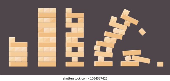 Wood Bricks Details From Tower Games For Kids. Vector Wood Brick, Build Cube Block, Toy Tower Construction Illustration