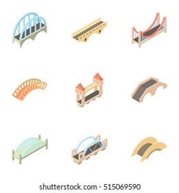 Wood bridge icons set. Isometric 3d illustration of 9 wood bridge vector icons for web