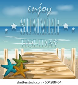 Wood bridge on the beach with shells,vector