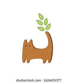 wood brown cat with green leaves on white background