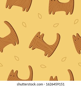 wood brown cat with leaf on beige background seamless pattern