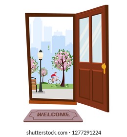 Wood brown door with view of park urban landscape. Outside blooming pink trees, skyscrapers silhouettes. Spring cityscape with bench, lantern, cyclist. Flat cartoon vector on white background