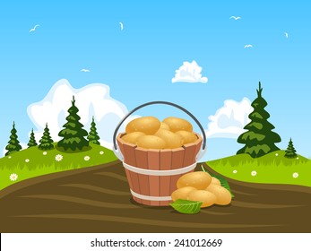 Wood bucket full of harvested potatoes, illustration