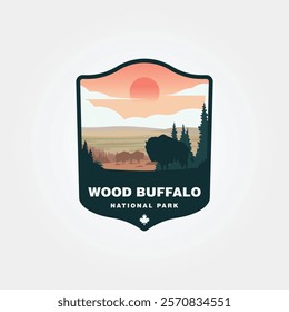 Wood Buffalo National Park showcases natures beauty with bison, sunset, trees, and a maple leaf. Suitable for Canadian tourism promotions.