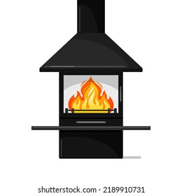Wood burning black fireplace with fire, island free standing modern multi fuel heater with shelf, chimney, glass window. Urban interior design. Vector flat illustration isolated on white background