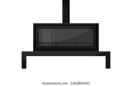 Wood burning black fireplace without flame and firewood, free standing modern home heater with shelf, chimney, glass window. Urban design. Vector flat illustration isolated on white background