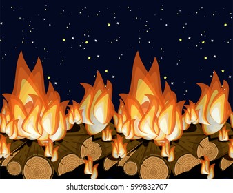 Wood burning at campfire over a dark starry sky background. Cartoon vector illustration in flat style. 