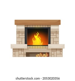 Wood Burning Fireplace Or Hearth Isolated Vector Icon. Stone Or Brick Home Fireplace Or Stove With Burning Fire, Wooden Mantel Or Mantelpiece And Firewood Storage Shelf With Wood Logs