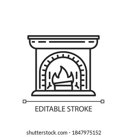 Wood burning fireplace linear icon. House decoration. Lares and penates. Hyggelig mood. Thin line customizable illustration. Contour symbol. Vector isolated outline drawing. Editable stroke