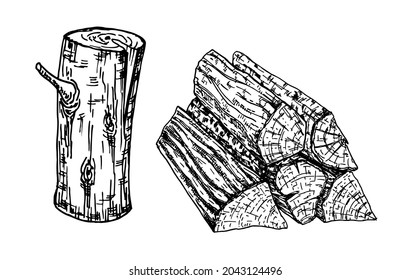 Wood, burning materials. Wood logs, trunk and planks, vector sketch illustration. Materials for wood industry. Firewood. Tree lumber.