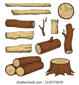 Wood, burning materials. Vector sketch illustration collection. Materials for wood industry. Stump, branch, timber. Tree lumber