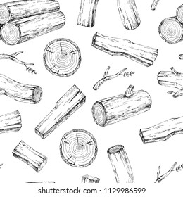 Wood, burning materials. Vector sketch illustration collection. Materials for wood industry. Stump, branch, timber. Tree lumber. Seamless background, wallpaper, pattern. Template for print, web design