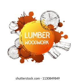 Wood, burning materials. Vector sketch illustration collection. Materials for wood industry. Template for printing, web design, advertising