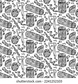Wood, burning materials. Vector sketch illustration collection. Materials for wood industry. Stump, branch, timber. Tree lumber. Seamless background, wallpaper, pattern. Template for print, web design