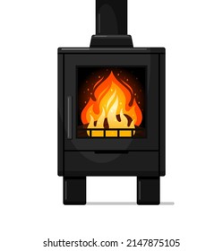 Wood burning, modern potbelly stove with fire, free standing kindled fireplace, cast iron multi fuel heater with glass window. Vector colorful illustration isolated on white background