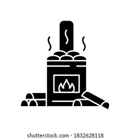 Wood burning sauna black glyph icon. Traditional russian banya, finnish bathhouse heat source silhouette symbol on white space. Fireplace with hot spa stones and firewood vector isolated illustration