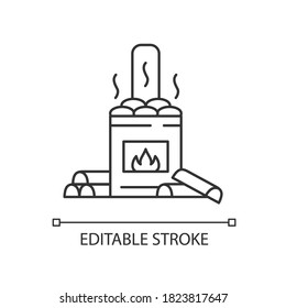 Wood burning sauna pixel perfect linear icon. Traditional russian banya, finnish bathhouse thin line customizable illustration. Contour symbol. Vector isolated outline drawing. Editable stroke