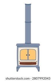 Wood Burning Stove With Chimney Pipe, Rustic Fireplace Flat Style Illustration