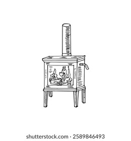 Wood burning stove with fire cartoon doodle hand-drawn vector.