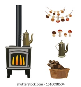 Wood burning stove with fire flame. Set of accessories. Vector illustration. Isolated on a white background.