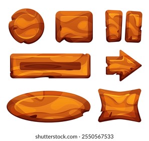 Quadro de botão de madeira para o jogo. Conjunto de interfaces de interface do usuário da placa de sinais de seta. Kit de prancha de usuário marrom redondo e quadrado para caixa de nível. elemento de placa de aplicativo 2d com textura de log. Ilustração antiga da interface gráfica de reprodução