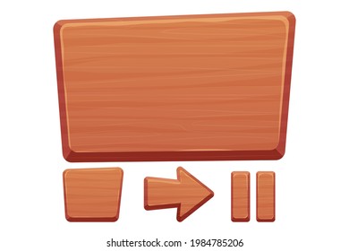Botón de madera ajustado en estilo de caricatura con detalles rotos aislados en fondo blanco. Activos de juego, interfaz ui, menú. Colección de diferentes formas para la aplicación.