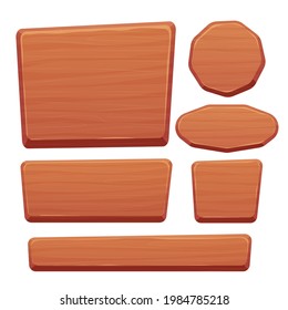 Wood button set in cartoon style with cracked details isolated on white background. Game assets, ui interface, menu. Collection of different shapes for application.