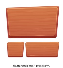 Botón de madera ajustado en estilo de caricatura con detalles rotos aislados en fondo blanco. Activos de juego, interfaz ui, menú. Colección de diferentes formas para la aplicación.