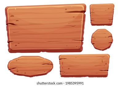 Wood button set in cartoon style with cracked details isolated on white background. Game assets, ui interface, menu. Collection of different shapes for application.