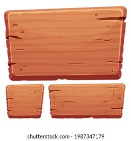 Botón de madera ajustado en estilo de caricatura con detalles rotos aislados en fondo blanco. Activos de juego, interfaz ui, menú. Colección de diferentes formas para la aplicación.