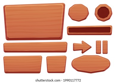 Wood button set in cartoon style with cracked details isolated on white background. Game assets, ui interface, menu. Collection of different shapes for application. Vector illustration