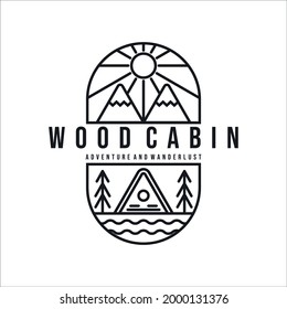 wood cabin or cottage line art minimalist simple illustration template icon logo design. cabin mountain river and sun logo for camping concept and adventure logo for business travel