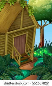 Wood cabin in the deep forest illustration